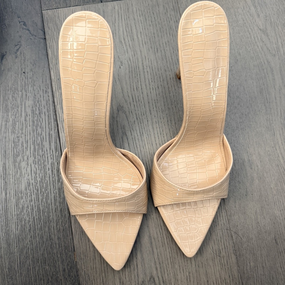 Beige Croc Mule Shoes Womens Size 12 Pointed Toe Slip On High Stiletto Heel